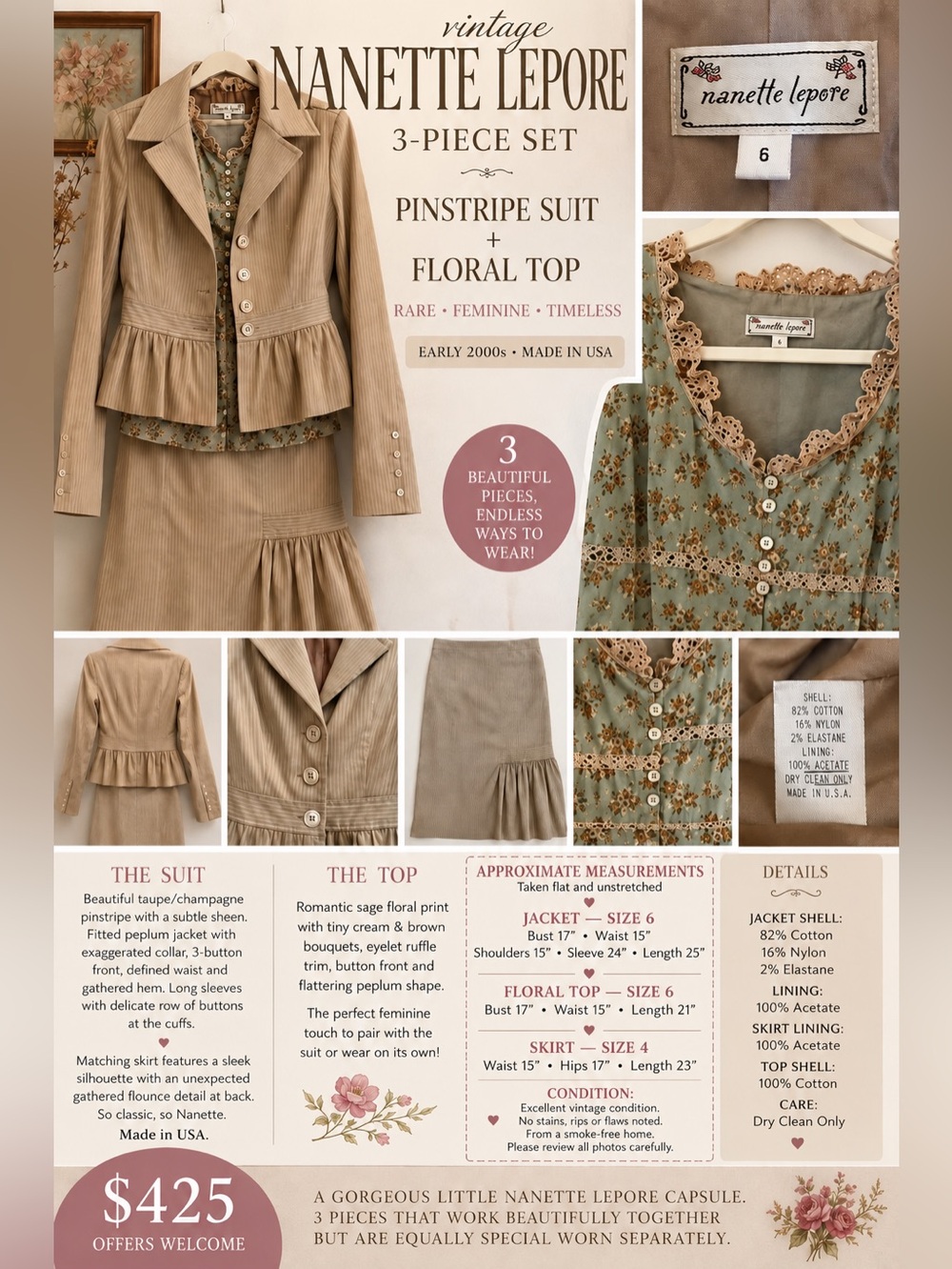 Nanette Lepore Taupe Pinstripe Skirt with Sage Floral Top Set